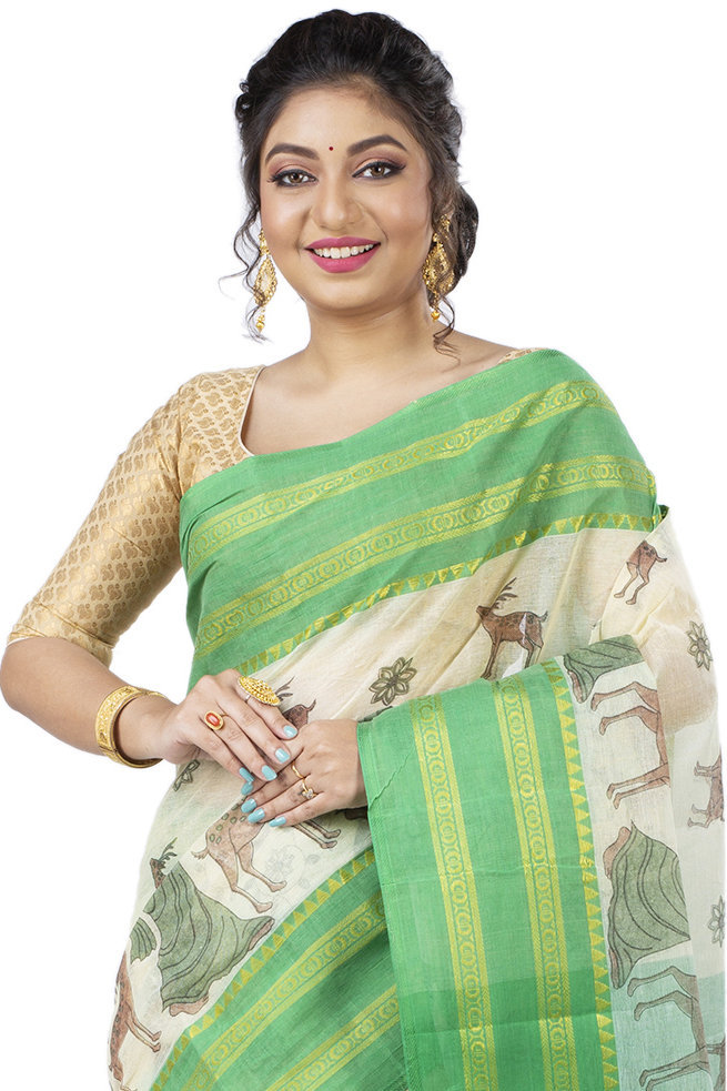 Green Pure Cotton Sakuntala Tant Saree Print (1853)